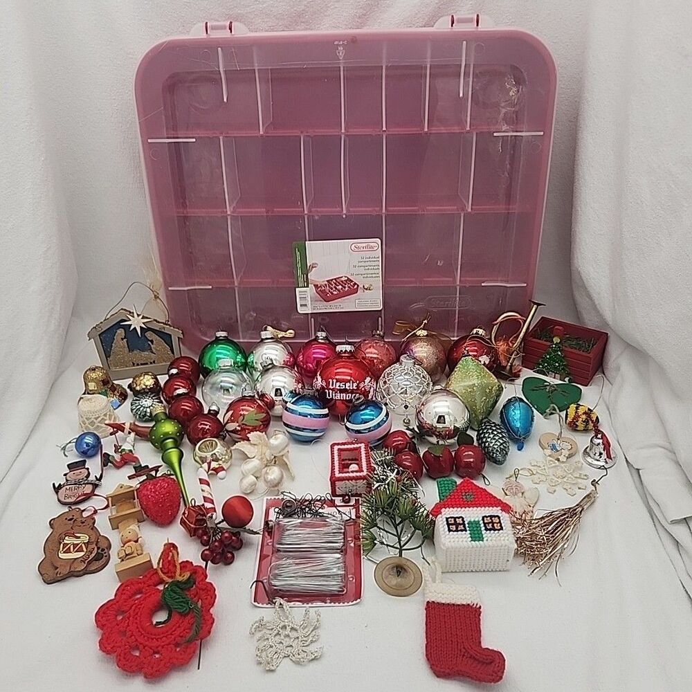 Ornament Christmas Lot & Case Glass, Mercury, Shiny Bright, Wood Antiq Vtg 56 Pc